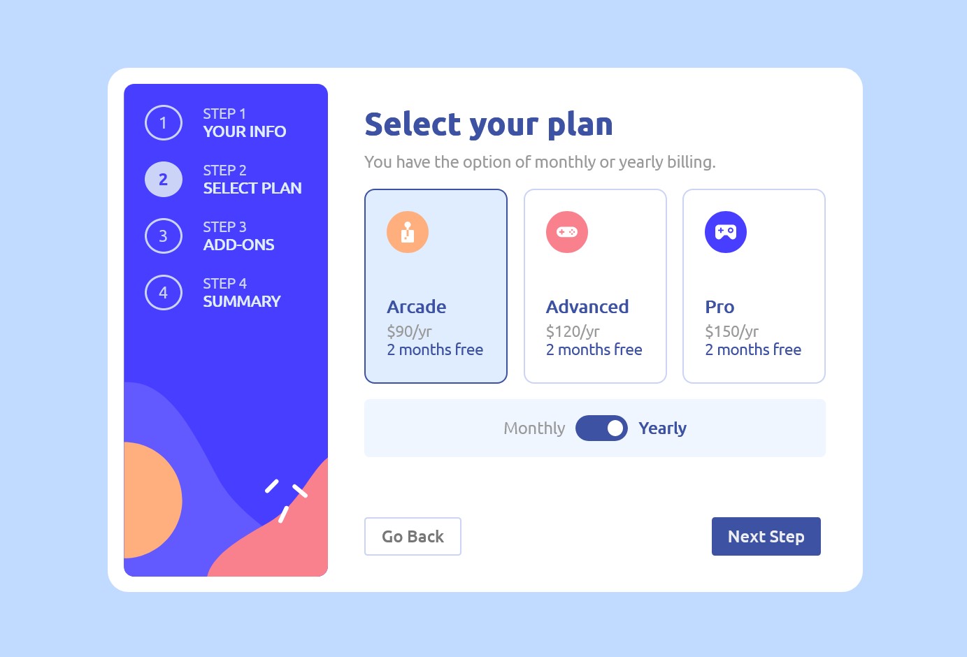 Multi-Step form yearly plan page